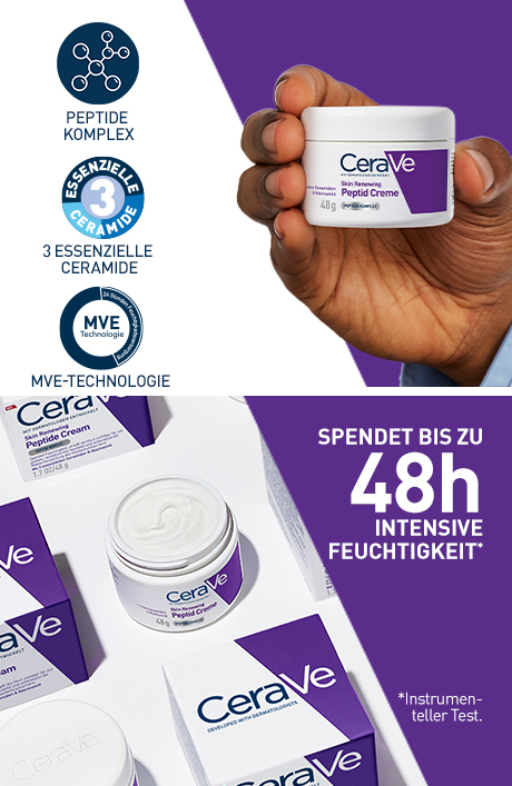 CeraVe Peptid Creme Dose in Hand. Logos: Peptid Komplex, 3 Ceramide, MVE-Technologie. Weitere Produkte.